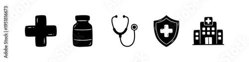 Set of hand-drawn medical icons in black doodle style on a white background. Includes hospital, stethoscope, medicine bottle, first aid cross, and protection shield symbols for healthcare.