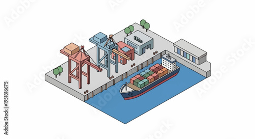Isometric illustration of a busy shipping port with cranes loading containers onto a cargo ship docked at the pier.