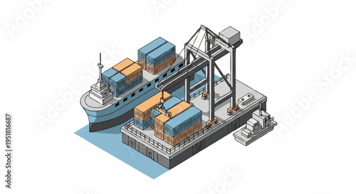 Isometric illustration of a container ship being loaded and unloaded at a port with a large gantry crane and smaller tugboat.