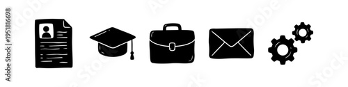 Set of hand-drawn business and career icons including resume, graduation cap, briefcase, envelope, and gears. Minimalist black doodle style on white background for job search and recruitment.
