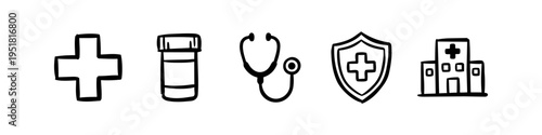 Hand-drawn medical icon set featuring a cross, pill bottle, stethoscope, insurance shield, and hospital. Simple black and white doodle style for healthcare, wellness, and medical design projects.