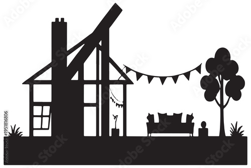 A black silhouette of a house with a damaged roof and a cozy outdoor seating area
