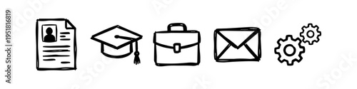 Set of hand-drawn career and business icons including a resume, graduation cap, briefcase, envelope, and gears. Perfect for job search, recruitment, and professional development themes.