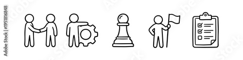Set of hand-drawn business icons including a handshake, gear management, strategy pawn, leader with a flag, and a checklist. Ideal for illustrating corporate strategy and teamwork concepts.