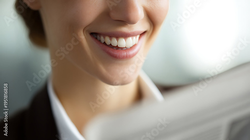 Close-up of a radiant woman with a perfect white smile, read a document or newspaper, embodying happiness and professional engagement Free Download Close-up of a radiant woman with a perfect white smile, read a document or newspaper, embodying happiness and professional engagement - GFXLoad