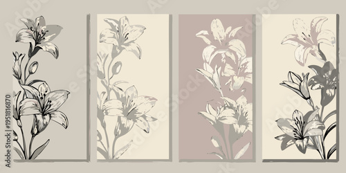 Four panels displaying elegant white lilies in a minimalist style