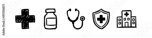 Hand-drawn medical icons including a cross, pill bottle, stethoscope, medical shield, and hospital building. Black doodle style icons on a white background for healthcare and medicine concepts.