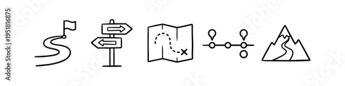 Hand-drawn roadmap and navigation icons set featuring a winding path, signpost, map, timeline, and mountain. Minimalist vector line art for business strategy, planning, and goal setting.
