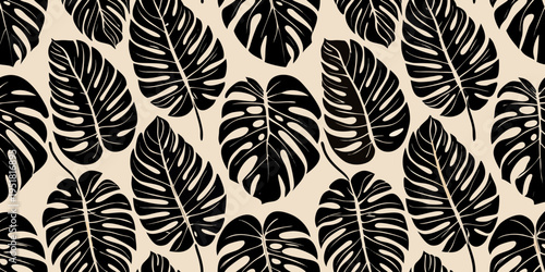 Stylized monstera leaves create a seamless tropical pattern on beige
