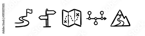 Hand-drawn doodle icons for planning and journey. Features a roadmap, signpost, map, process timeline, and mountain peak. Ideal for business strategy, goal setting, and success concepts.