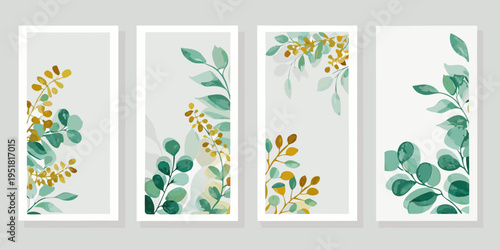 Four botanical art prints featuring eucalyptus and leafy branches