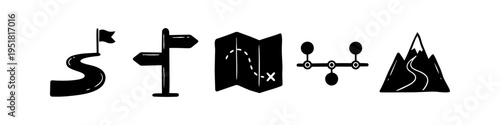 Set of hand-drawn black navigation and travel icons including a winding road, signpost, map, timeline, and mountains, symbolizing a journey, goal, or strategic roadmap on a white background.
