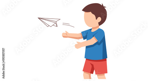A young boy launching a paper airplane with outstretched hand and hopeful expression
