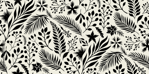 Detailed black and white botanical illustration with repeating floral and leaf motifs