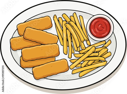 Cartoon Crispy Chicken Nuggets with Golden French Fries and Tomato Ketchup Dip on White Plate Vector