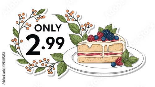 Appetizing illustration of a slice of layered cake topped with berries accompanied by a decorative branch and a 2.99 price tag.