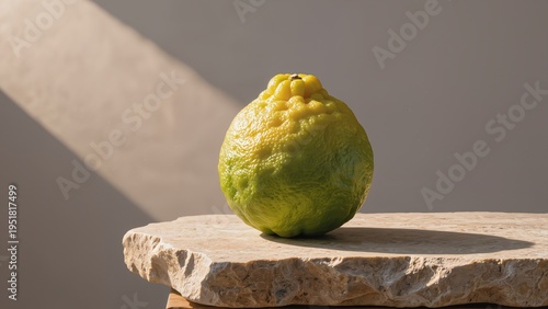 Vibrant bergamot citrus fruit on a rustic stone pedestal, bathed in natural sunlight, highlighting its unique texture and fresh, aromatic appeal