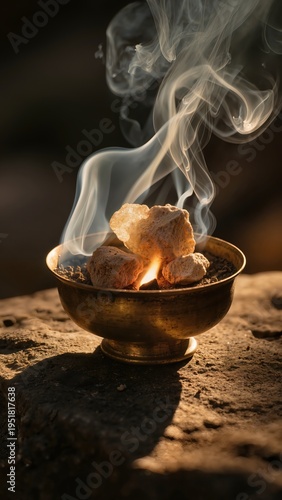 Aromatic benzoin resin smolders in a golden bowl, releasing ethereal smoke and warm, earthy tones—perfect for wellness, fragrance, and tranquil lifestyle visuals