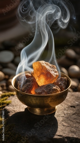 Glowing benzoin resin emits swirling aromatic smoke in a golden bowl, evoking luxury, tranquility, and natural olfactive beauty