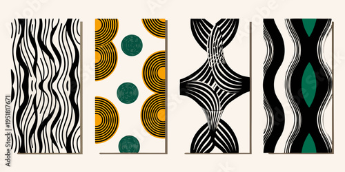 Abstract geometric patterns in vertical panels with black white and green