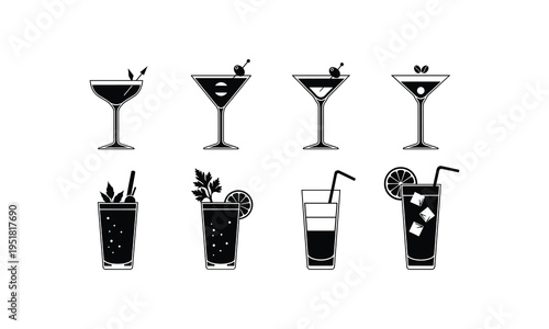 Black and white illustrations of various classic cocktails in martini and highball glasses