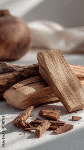 Cedar wood planks and chips in soft sunlight, showcasing natural texture and warm tones—ideal for fragrance, wellness, and luxury product visuals
