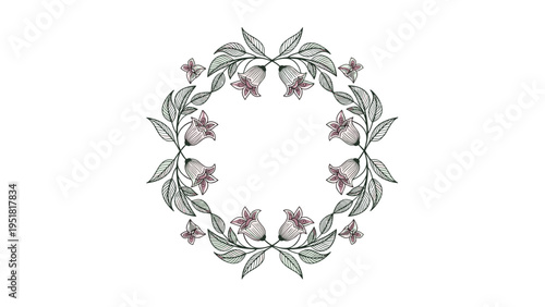 Elegant circular wreath composed of detailed sketches of bell shaped flowers and leaves in a delicate line art style on a white background.