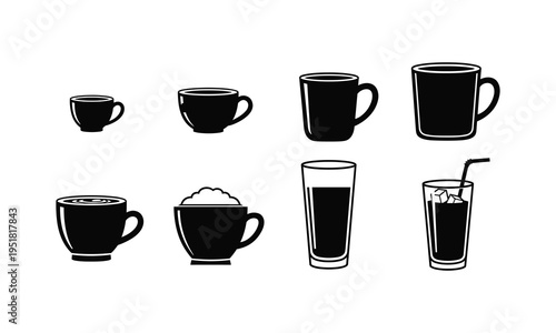 Various styles of coffee and coffee-related beverages in illustrated mugs and glasses
