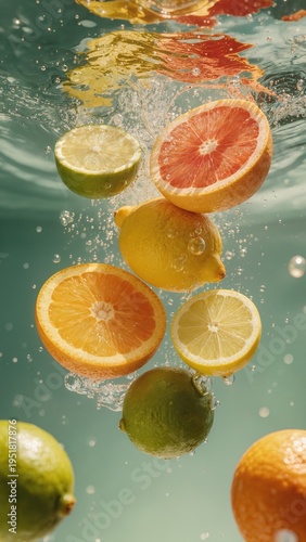 Vibrant citrus slices float underwater, showcasing freshness, color, and energy