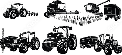 Agricultural tractor and combine harvester silhouettes set, farming machinery with grain trailer and wheat field harvest equipment vector illustration collection