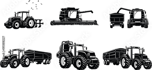Agricultural machinery silhouettes collection, tractor, combine harvester, grain cart, and farm transport trailer vehicles for modern farming and harvest operations vector illustration