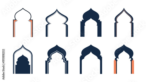 Set of different Islamic mosque arch silhouettes and door frames designed in dark blue for Ramadan and religious festival celebrations.
