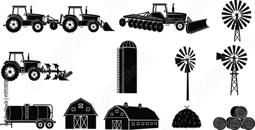 agriculture farm equipment icons set, tractor machinery silhouettes, barn windmill silo hay bale vector collection, farming tools, rural agriculture illustration