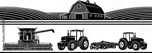 Agriculture farm landscape with tractor and combine harvester vector illustration, rural barn and cultivated fields, modern farming machinery silhouettes collection