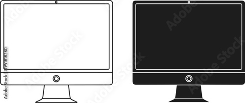 Modern All in One Desktop Computer Monitor Silhouette and Line Art Icon Set for Technology Office Workstation Illustration Flavector
