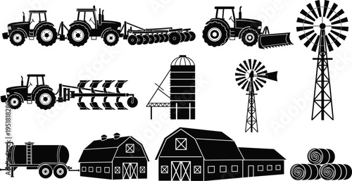 Agriculture farming machinery and rural farm equipment silhouettes, tractor, windmill, barn, silo, hay bales, and agricultural tools vector icon collection