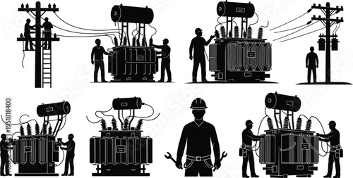 Electric power transformer maintenance workers set, utility linemen repairing electrical equipment, power grid service, transmission line repair, black silhouette vector illustration collection