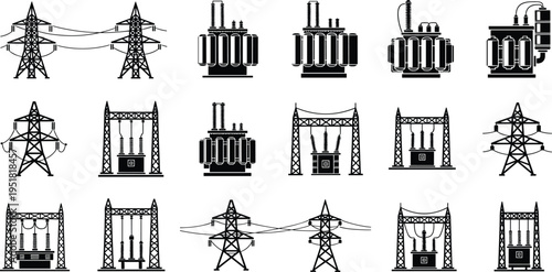 electric power transmission and substation icons set, high voltage towers transformers, electricity grid infrastructure silhouettes, electrical engineering energy system vector illustration
