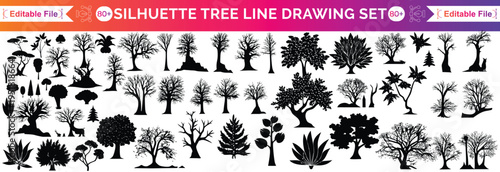 silhouette tree line drawing set, Side view, set of graphics trees elements outline symbol for architecture and landscape design drawing. Vector illustration