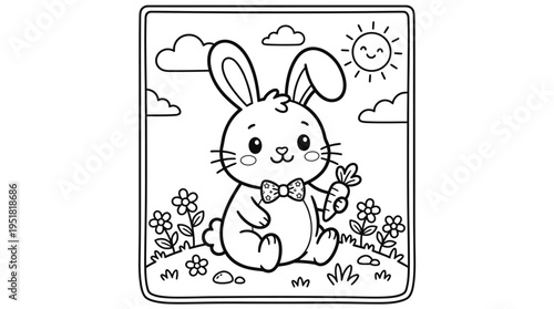 Cute Cartoon Bunny Holding Flower.