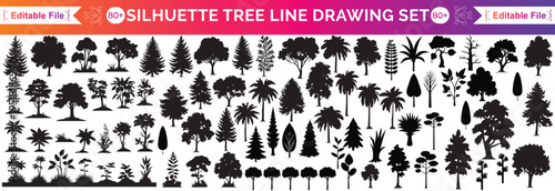 silhouette tree line drawing set, Side view, set of graphics trees elements outline symbol for architecture and landscape design drawing. Vector illustration