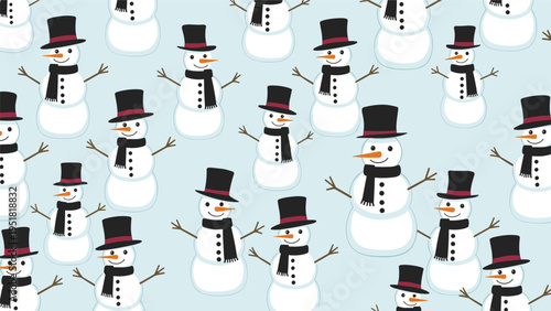 Seamless holiday pattern featuring cute snowmen wearing black top hats and scarves on a soft light blue background for winter decor.