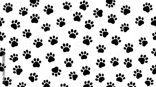 Pattern of black paw prints scattered on a white background, suitable for pet-related designs