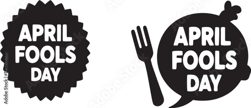 April fools day badge and food prank icons vector set, simple black silhouette 