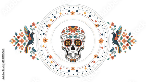 Sugar skull decorated with vibrant floral patterns is centered within a circular frame flanked by two birds for day of the dead festivities.