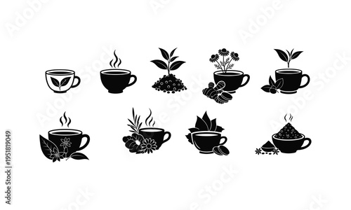 Black and white illustrations of various herbal teas and ingredients