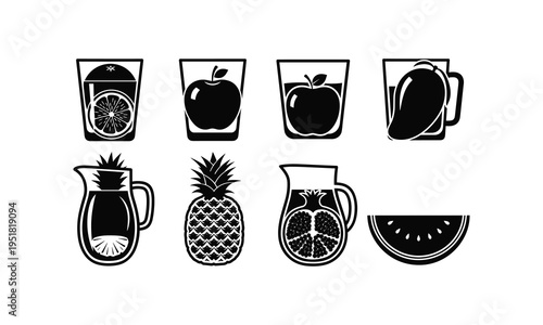Assorted drinks and fruits illustrated in a minimalist style