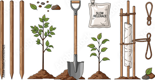 Tree Planting and Support Tools Set with Shovel, Stakes, Slow-Release Fertilizer, Support Frames, and Growing Plants Illustrations