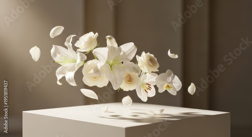 Floating white flowers composition against soft backdrop and copy space