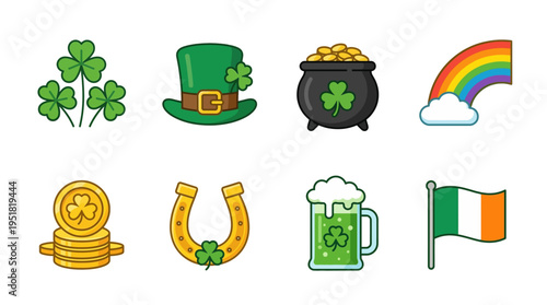 Set of Saint Patrick's Day icons with shamrocks, leprechaun hat, pot of gold, rainbow, horseshoe, beer, and Irish flag